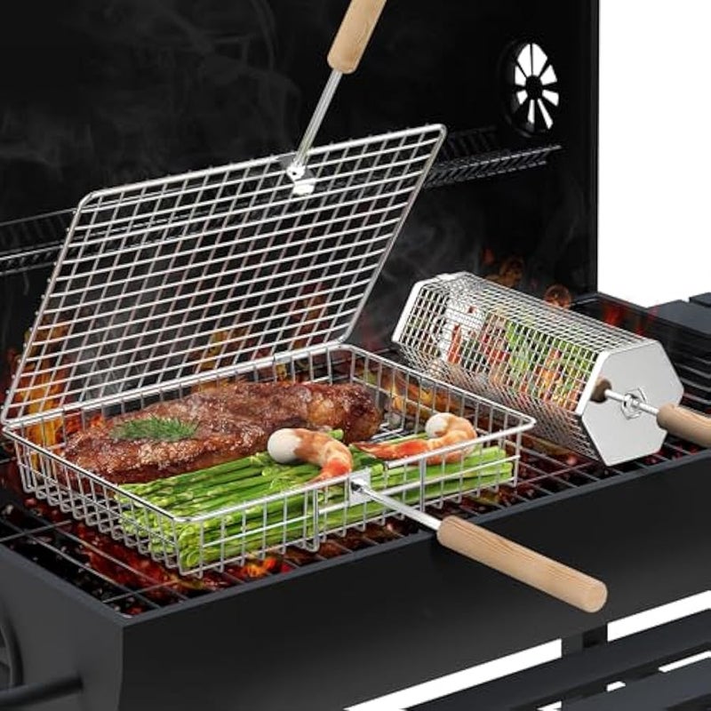 Arabest Grill Basket Set (Rectangular+Hexagon), Removable Wooden Handle, 304 Stainless Steel, Rolling Grilling Net, BBQ Accessories Tools for Vegetables Shrimp, Outdoor Cooking Camping, Birthday Gifts - Image 1