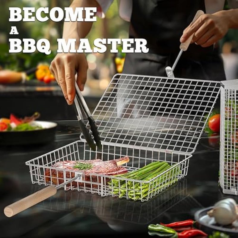 Arabest Grill Basket Set (Rectangular+Hexagon), Removable Wooden Handle, 304 Stainless Steel, Rolling Grilling Net, BBQ Accessories Tools for Vegetables Shrimp, Outdoor Cooking Camping, Birthday Gifts - Image 4