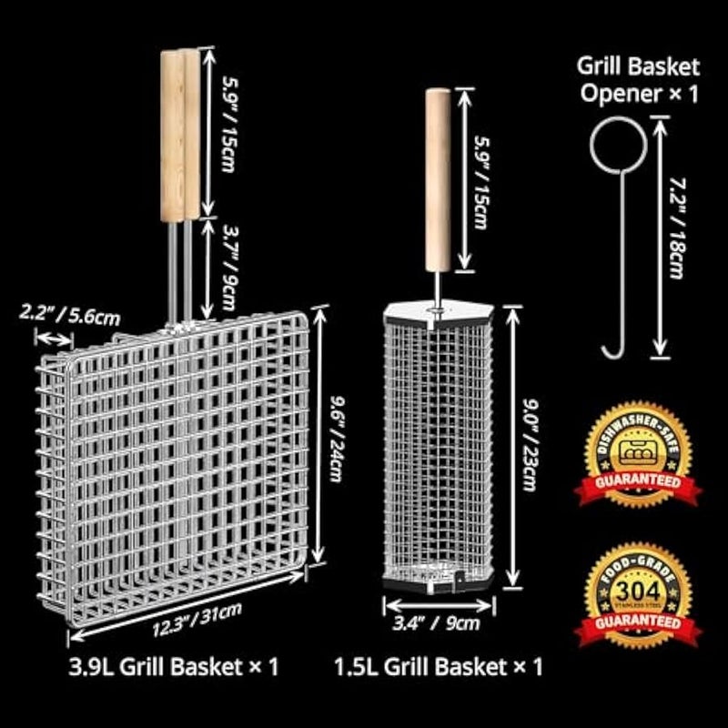 Arabest Grill Basket Set (Rectangular+Hexagon), Removable Wooden Handle, 304 Stainless Steel, Rolling Grilling Net, BBQ Accessories Tools for Vegetables Shrimp, Outdoor Cooking Camping, Birthday Gifts - Image 2
