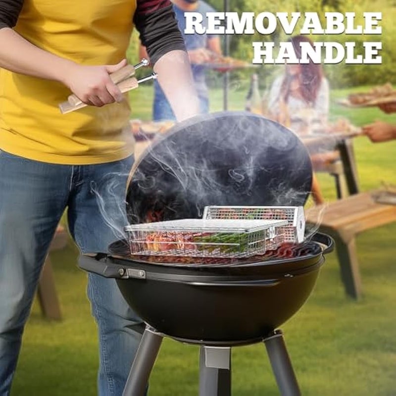 Arabest Grill Basket Set (Rectangular+Hexagon), Removable Wooden Handle, 304 Stainless Steel, Rolling Grilling Net, BBQ Accessories Tools for Vegetables Shrimp, Outdoor Cooking Camping, Birthday Gifts - Image 5