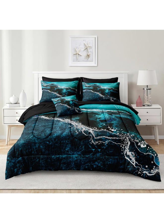 Bedorm Black Marble Comforter Set 8 Pcs Turquoise Blue Bedding Set Queen Size Bed in A Bag Blue and Black Stone Texture Abstract Room Decor Black Marble Bed Comforter - Image 3