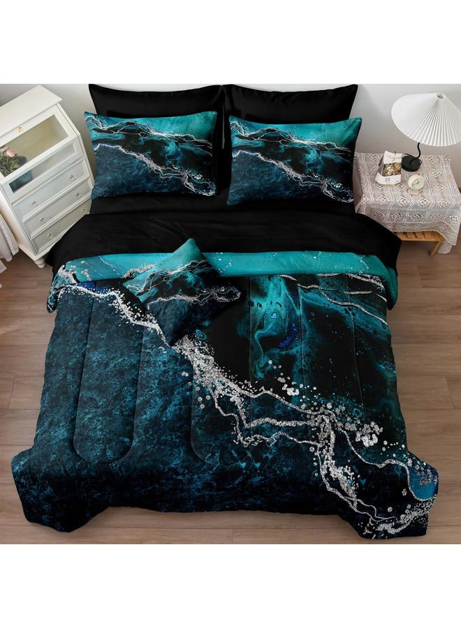 Bedorm Black Marble Comforter Set 8 Pcs Turquoise Blue Bedding Set Queen Size Bed in A Bag Blue and Black Stone Texture Abstract Room Decor Black Marble Bed Comforter - Image 2