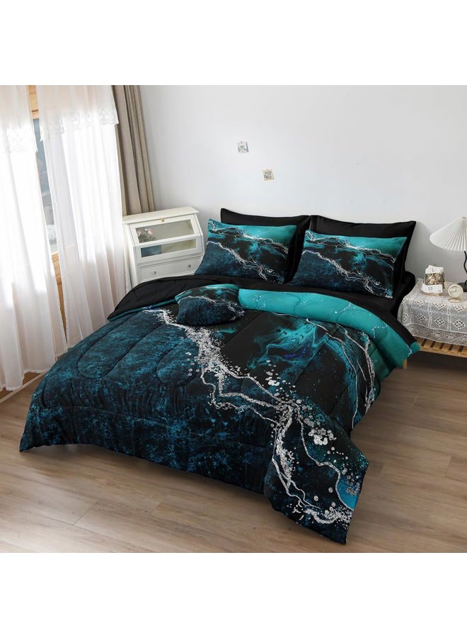 Bedorm Black Marble Comforter Set 8 Pcs Turquoise Blue Bedding Set Queen Size Bed in A Bag Blue and Black Stone Texture Abstract Room Decor Black Marble Bed Comforter - Image 4