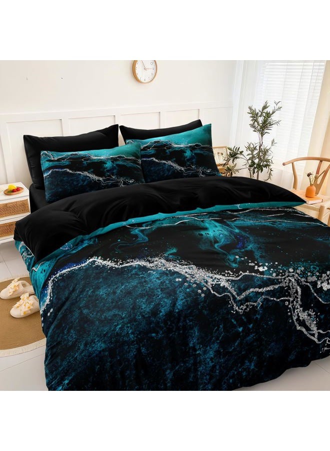 Bedorm Black Marble Comforter Set 8 Pcs Turquoise Blue Bedding Set Queen Size Bed in A Bag Blue and Black Stone Texture Abstract Room Decor Black Marble Bed Comforter - Image 1