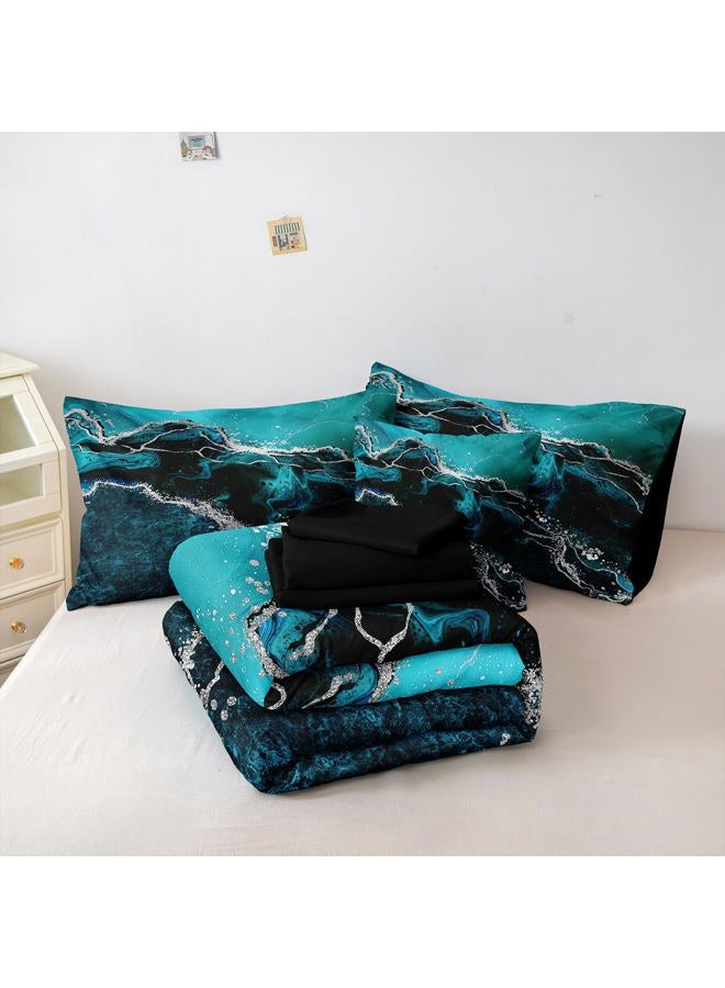 Bedorm Black Marble Comforter Set 8 Pcs Turquoise Blue Bedding Set Queen Size Bed in A Bag Blue and Black Stone Texture Abstract Room Decor Black Marble Bed Comforter - Image 5