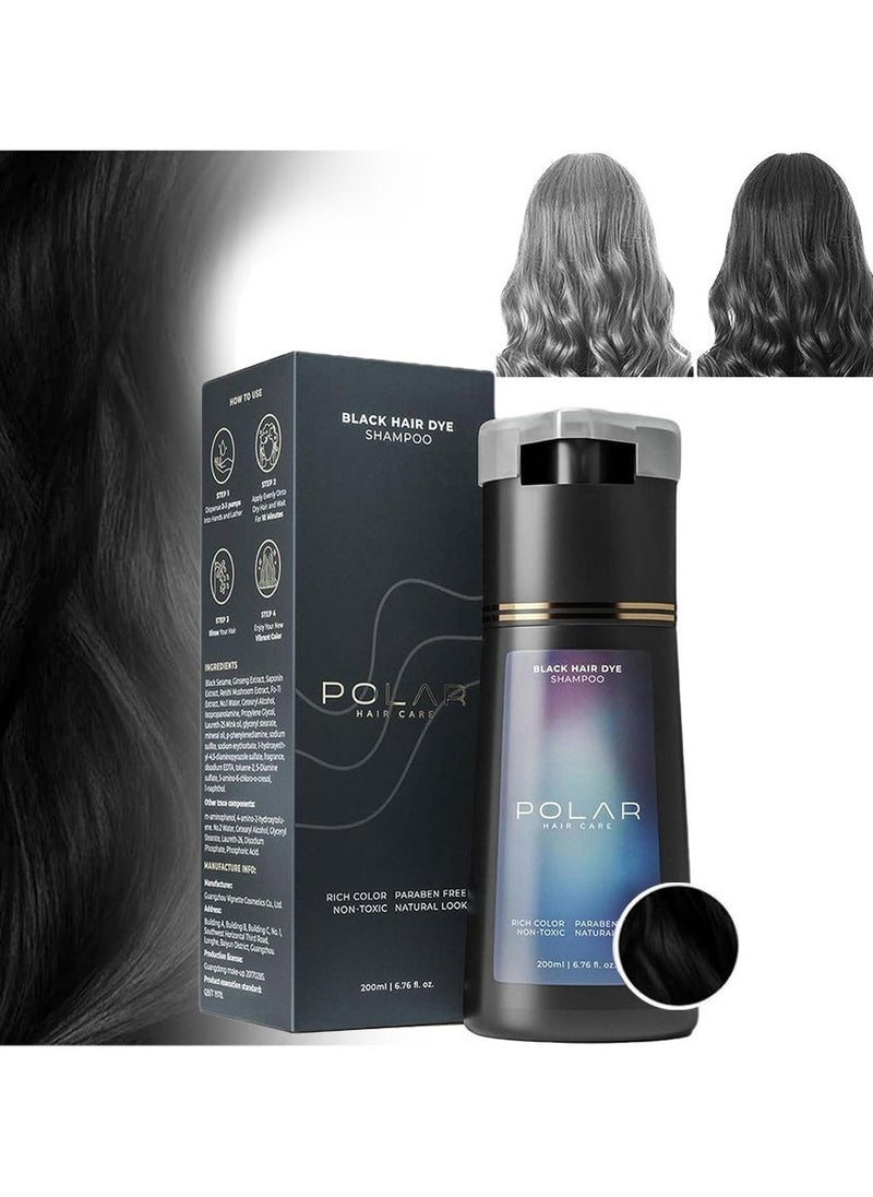 POLAR Hair Dye Shampoo, Natural Hair Color Shampoo For Gray Hair Coverage, Haircare Suitable For Women & Men 200ml (Black) - Image 1