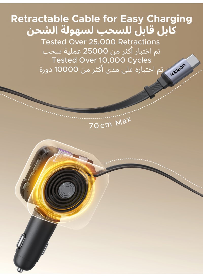 Ugreen Car Charger Retractable 60W Built-in 0.7 M Type C Cable 2C1A Car Adapter Fast Charging PC V0 Anti-fire Material For Safe Charging Compatible With iPhone iPad Samsung Galaxy Airpods Earbuds Apple Watch - Image 5