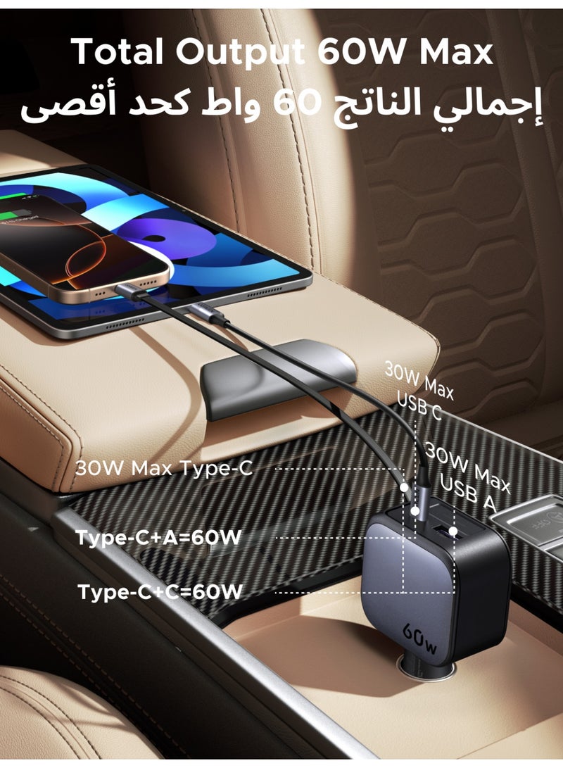 Ugreen Car Charger Retractable 60W Built-in 0.7 M Type C Cable 2C1A Car Adapter Fast Charging PC V0 Anti-fire Material For Safe Charging Compatible With iPhone iPad Samsung Galaxy Airpods Earbuds Apple Watch - Image 2