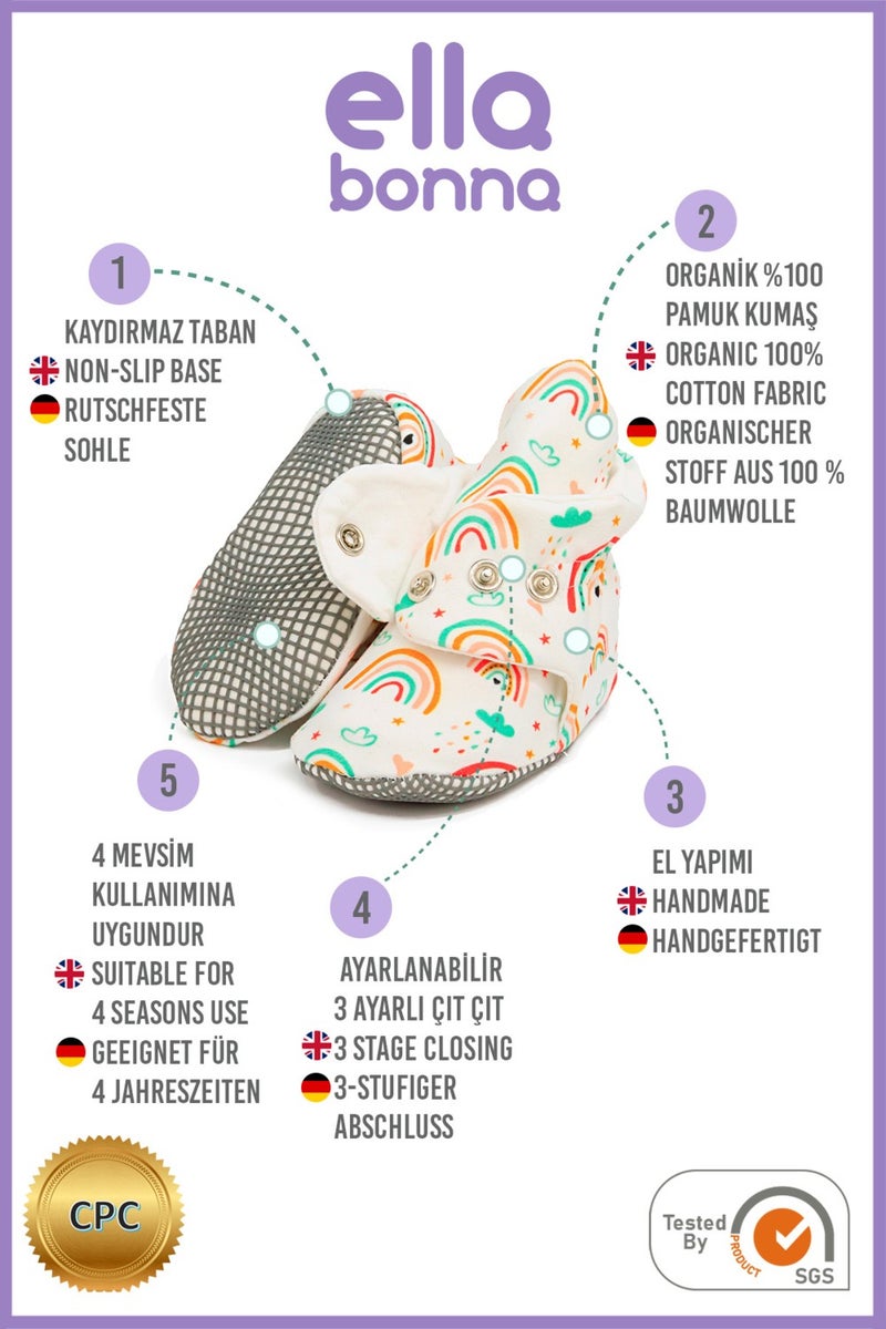 Ella Bonna Organic Cotton Baby Slippers, Non-Slip Sole, Newborn Booties, Home Nursery Shoes, Rainbow  - Image 4