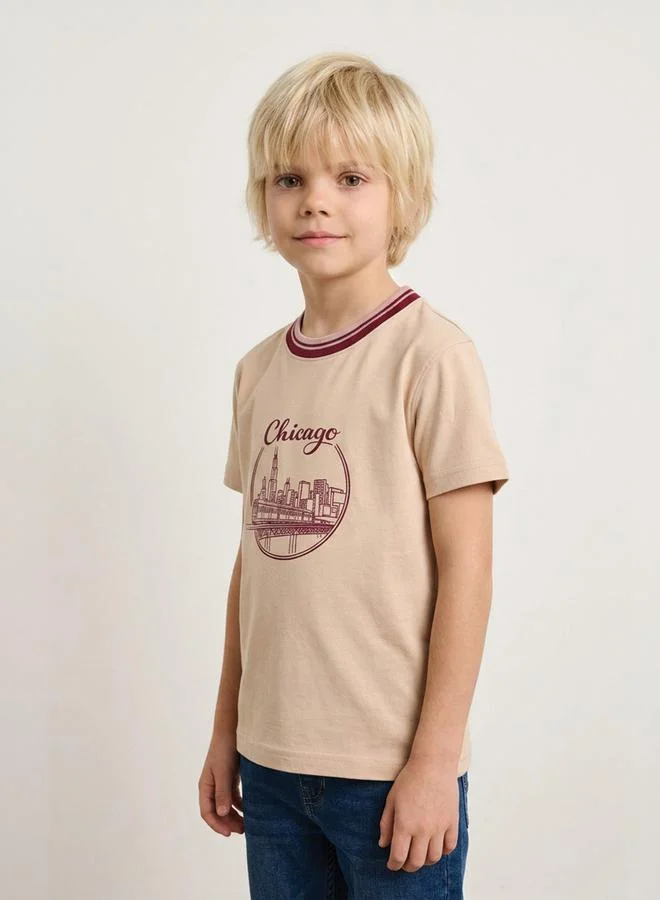 Take Two Boys Beige Graphic Print Contrast Crew Neck Regular Fit T-Shirt By Juniorloom