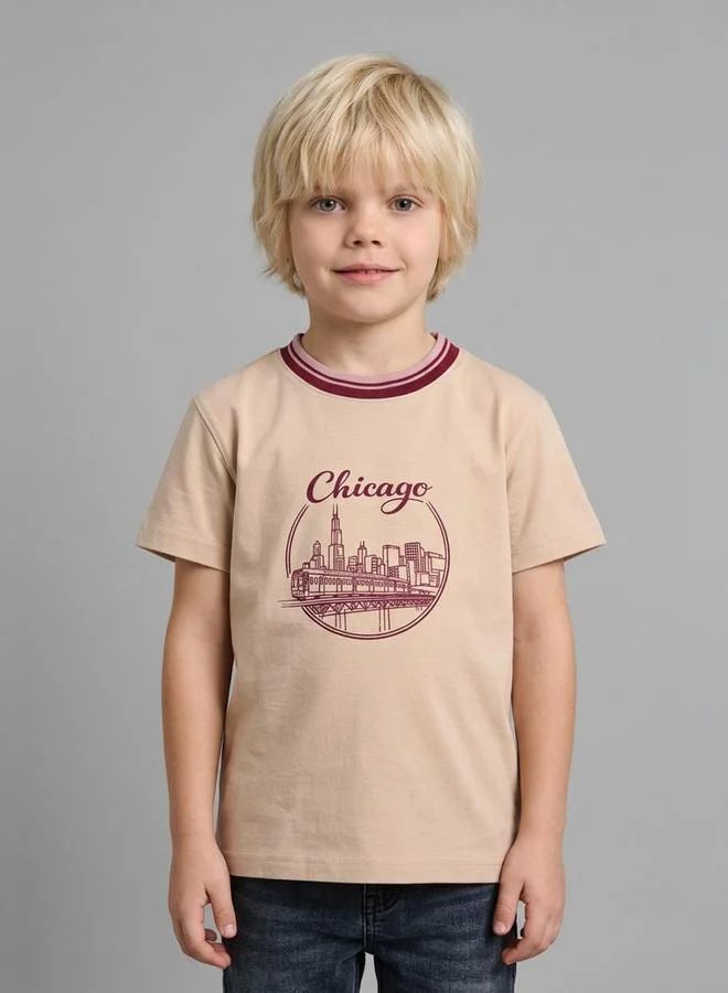 Take Two Boys Beige Graphic Print Contrast Crew Neck Regular Fit T-Shirt By Juniorloom