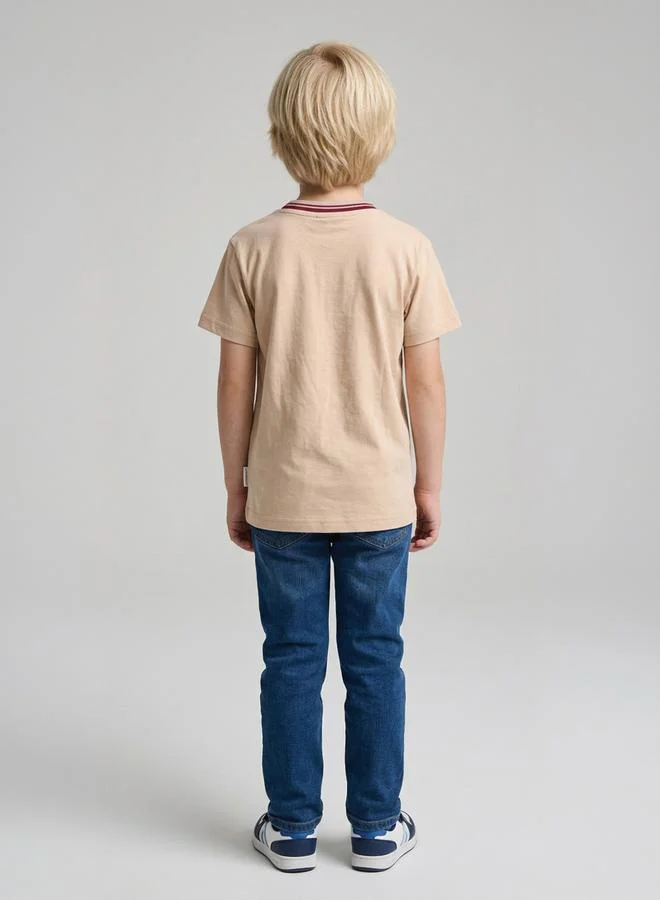 Take Two  Boys Beige Graphic Print Contrast Crew Neck Regular Fit T-Shirt By Juniorloom for Men | Best Price UAE
