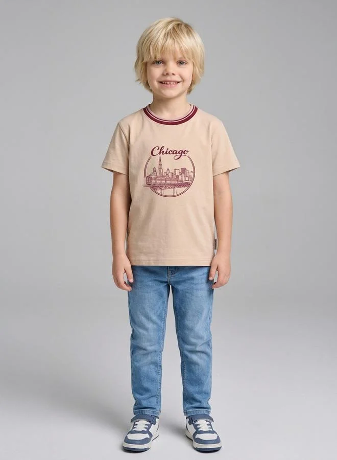Take Two  Boys Beige Graphic Print Contrast Crew Neck Regular Fit T-Shirt By Juniorloom for Men | Best Price UAE