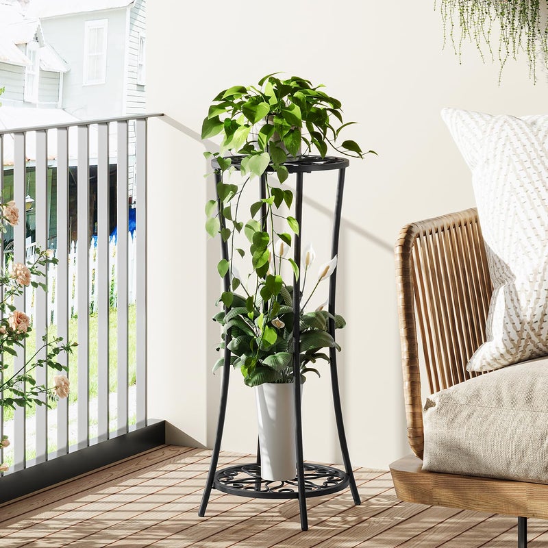 YINMIT Plant Stand Indoor Outdoor, 2 Tier Metal Potted Holder Rack, Flower Pot Stand Shelf, Heavy Duty Round Supports Rack, Corner Plant Shelf for Balcony Garden Patio Living Room (Black-Iron) - Image 4
