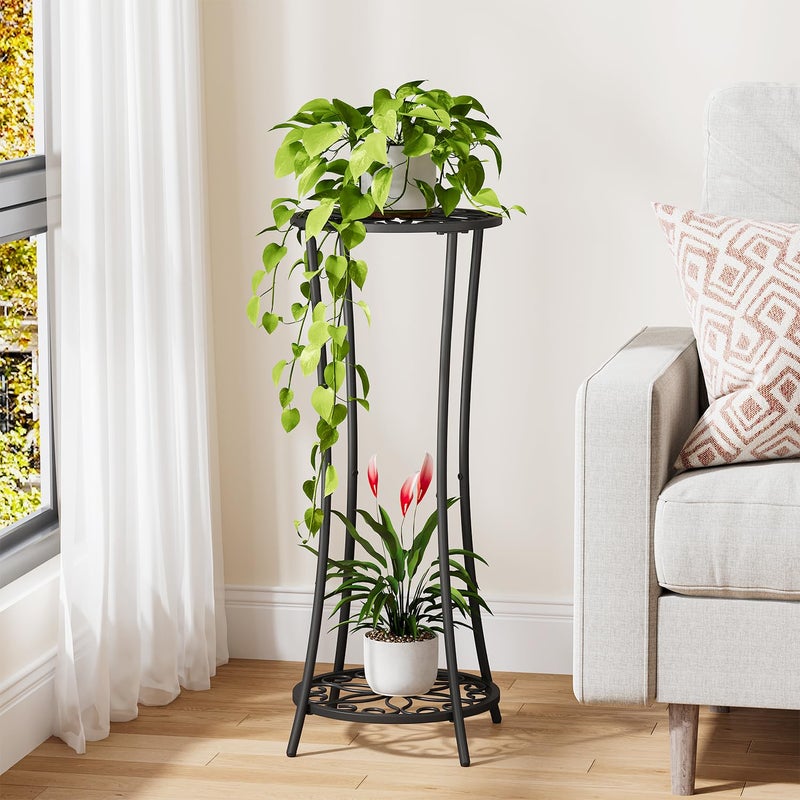 YINMIT Plant Stand Indoor Outdoor, 2 Tier Metal Potted Holder Rack, Flower Pot Stand Shelf, Heavy Duty Round Supports Rack, Corner Plant Shelf for Balcony Garden Patio Living Room (Black-Iron) - Image 2