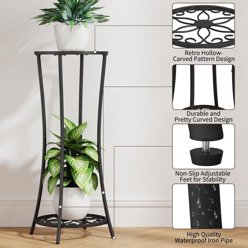 YINMIT Plant Stand Indoor Outdoor, 2 Tier Metal Potted Holder Rack, Flower Pot Stand Shelf, Heavy Duty Round Supports Rack, Corner Plant Shelf for Balcony Garden Patio Living Room (Black-Iron) - Image 5
