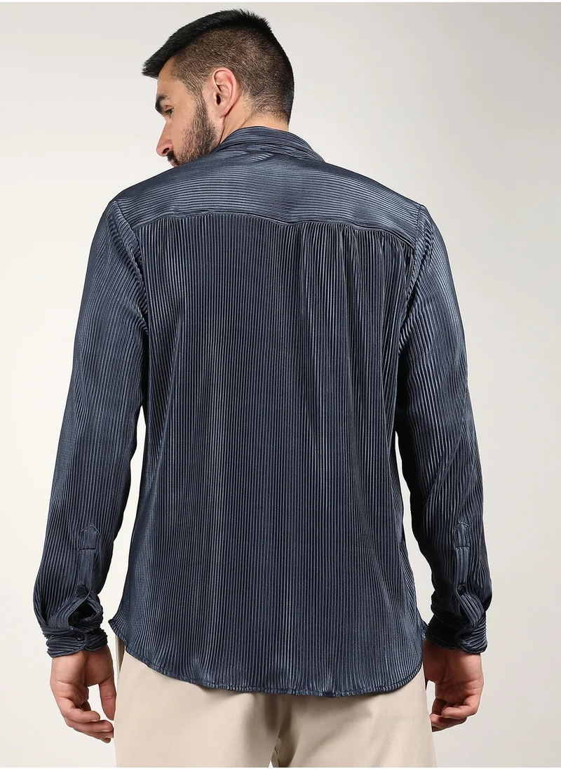 Campus Sutra Men's Navy Blue Pleat-Creased Shirt