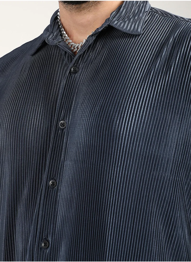Campus Sutra Men's Navy Blue Pleat-Creased Shirt