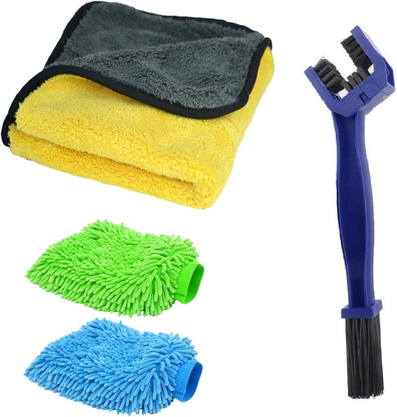 Autofy Multipurpose 4 in 1 Combo Cleaning Kit Dust Cloth Towel Glove Chain Brush for All Vehicles Bike Car Glass Kitchen - 800GSM Towel + Multipurpose Brush + 2 Microfiber Gloves (Multicolour) - Image 1