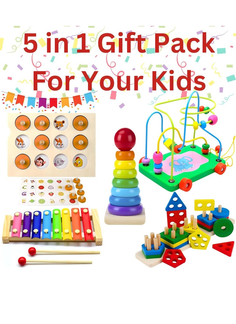 Nut - 5pcs Wooden Early Education Baby Toys, (Sorting & Stacking Toys + Piano Xylophone + Bead Maze Roller Coaster + Color Balls Sorting + Memory Matching Board) Toddlers Montessori Toys for Kids - Image 1