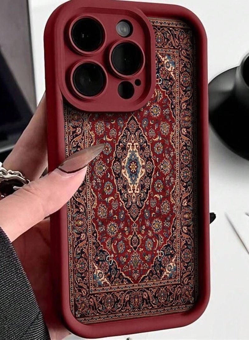 جراب ايفون 16 برو ماكس باللون الأحمر بتصميم تراثي يشبه السجاد – جراب حماية أنيق وفريد - Image 1