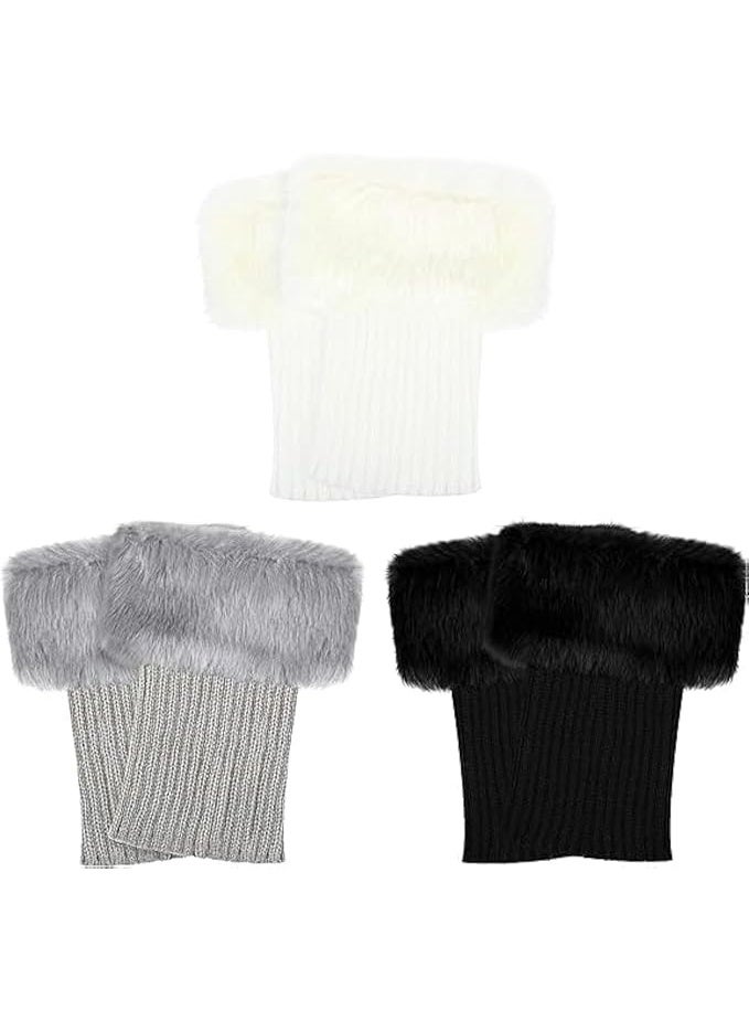 3 Pairs Women Faux Fur Trim Boot Cuff, Winter Knitted Furry Top Cover Leg Warmers, Girls Boot Socks - Image 1