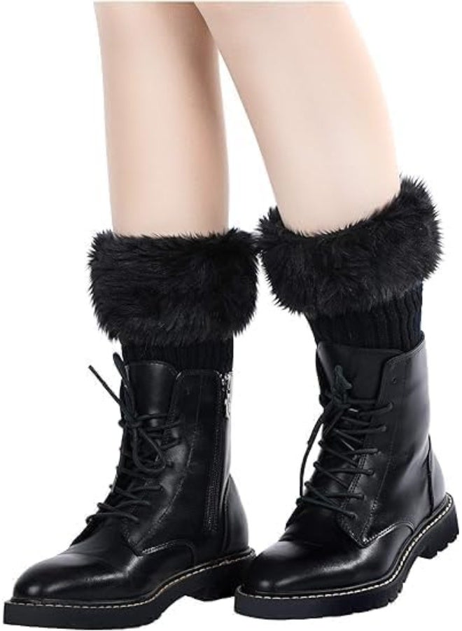3 Pairs Women Faux Fur Trim Boot Cuff, Winter Knitted Furry Top Cover Leg Warmers, Girls Boot Socks - Image 2