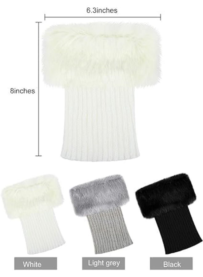 3 Pairs Women Faux Fur Trim Boot Cuff, Winter Knitted Furry Top Cover Leg Warmers, Girls Boot Socks - Image 3