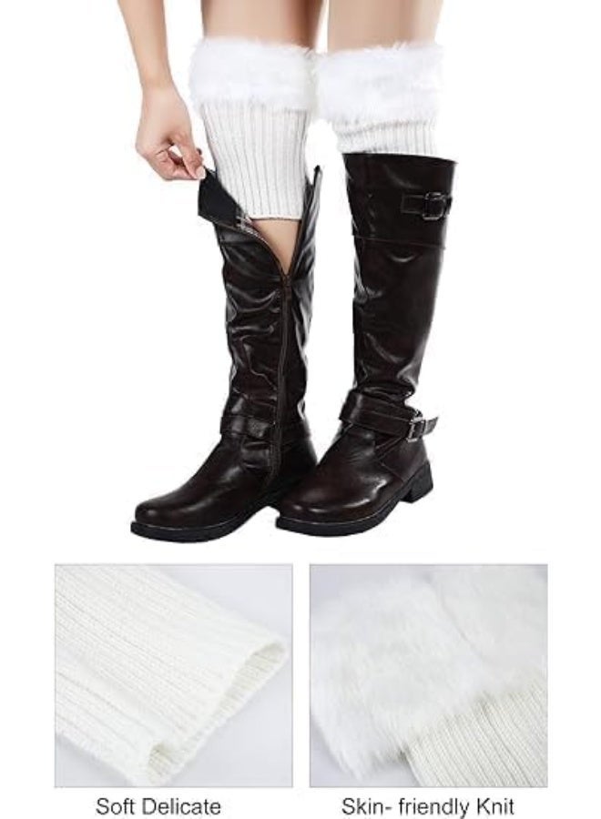 3 Pairs Women Faux Fur Trim Boot Cuff, Winter Knitted Furry Top Cover Leg Warmers, Girls Boot Socks - Image 5