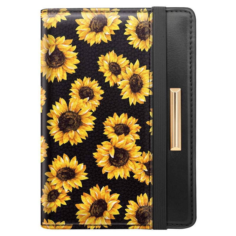 Coco Rossi Women's Black Floral Sunflower Passport Wallet Cover with RFID Blocking, 7 Compartments, 4 Card Slots, Magnetic Closure - Image 1
