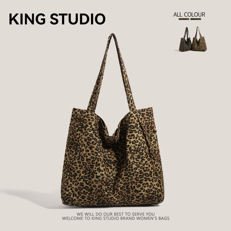 Women's Leopard Print Canvas Tote Bag Large Capacity Shoulder Bag - Image 1