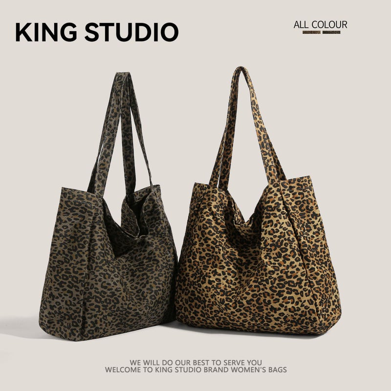 Women's Leopard Print Canvas Tote Bag Large Capacity Shoulder Bag - Image 2