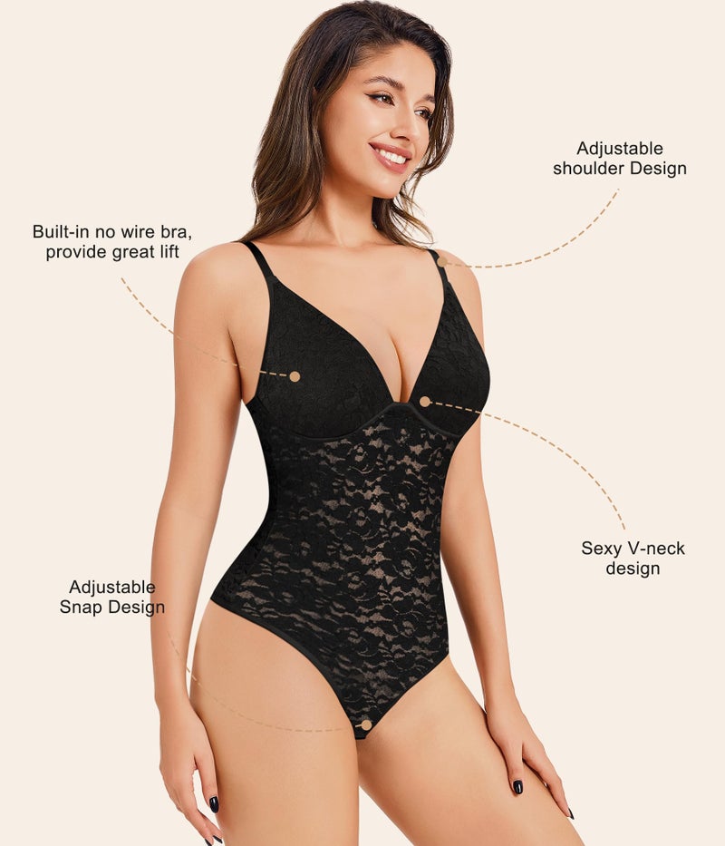 Irisnaya Lace Body Suits Women Backless Bodysuit V Neck Bodysuit Thong Shapewear Bodysuit - Image 4