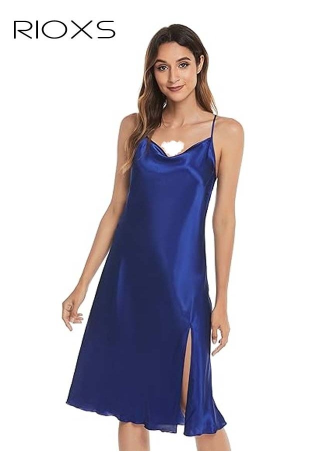 RIOXS Women's Night Gown, Glossy Satin One Neck Nightgowns, Comfy Sleepwear Nightdress For Ladies, Midi Long Night Dress with Adjustable Strap, Women Sleepwear  - Image 1