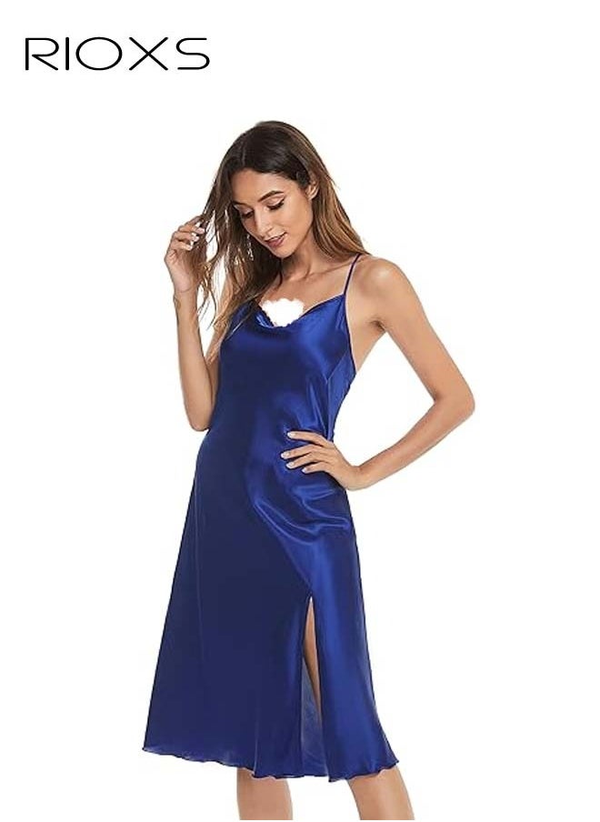RIOXS Women's Night Gown, Glossy Satin One Neck Nightgowns, Comfy Sleepwear Nightdress For Ladies, Midi Long Night Dress with Adjustable Strap, Women Sleepwear  - Image 2