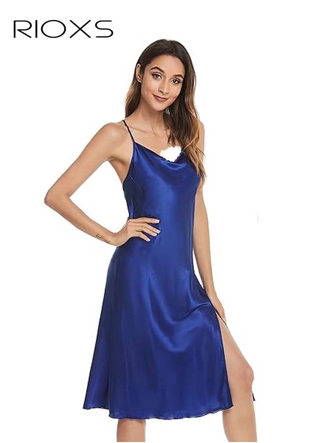 RIOXS Women's Night Gown, Glossy Satin One Neck Nightgowns, Comfy Sleepwear Nightdress For Ladies, Midi Long Night Dress with Adjustable Strap, Women Sleepwear  - Image 3