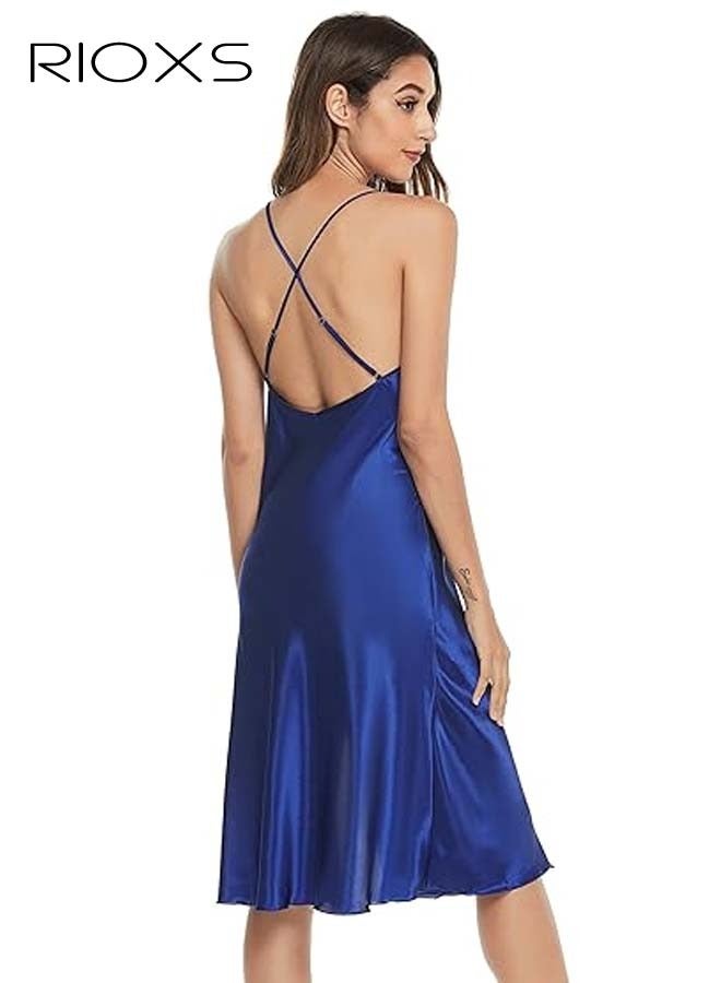 Women's Night Gown, Glossy Satin One Neck Nightgowns, Comfy Sleepwear Nightdress For Ladies, Midi Long Night Dress with Adjustable Strap, Women Sleepwear