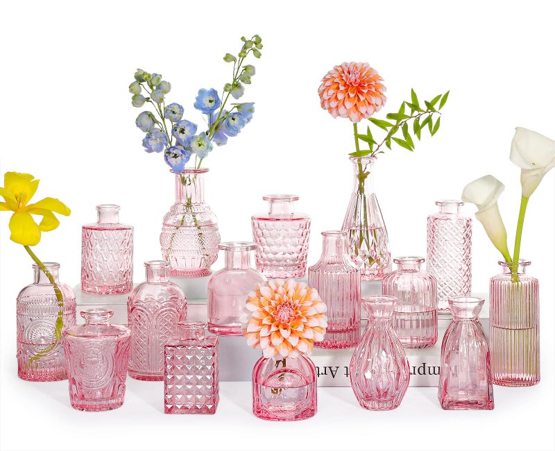 SUPMIND Glass Bud Vase Set of 16, Small Pink Flower Vases for Table Centerpieces in Bulk, Cute Mini Vintage Vase for Wedding, Home Decor, Table Decoration - Image 1
