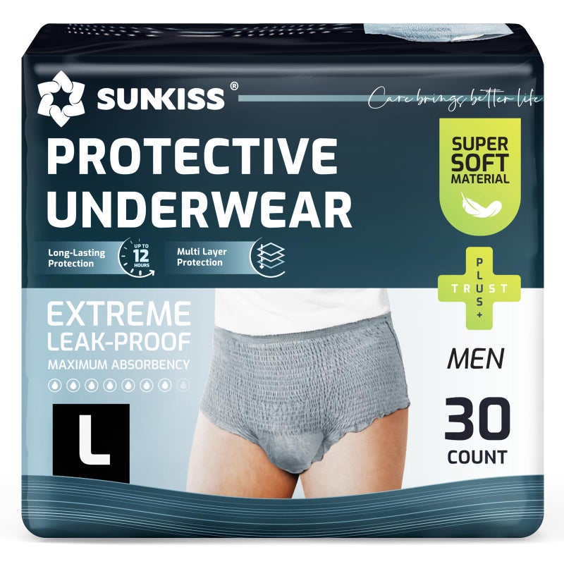 SUNKISS Soft Incontinence Underwear for Men, Daytime Disposable Adult Pull Ups, Mens Protective Diapers with Maximum Absorbency, Large, Grey, 30 Count - Image 1
