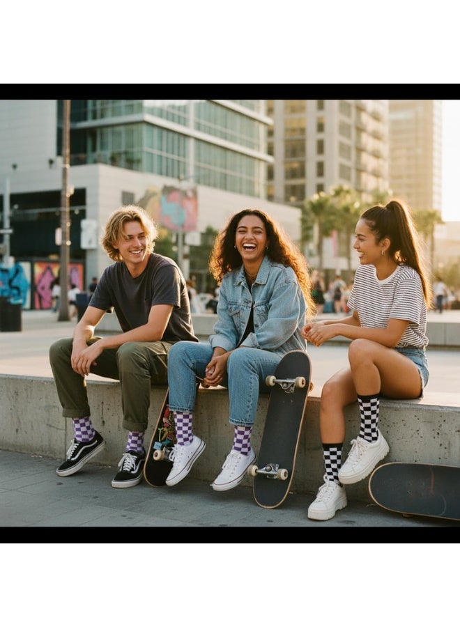 2 Pairs Black Purple Checkerboard Cotton Crew Socks Unisex Hip Hop Skateboard Sports Socks for Men Women Harajuku Geometric Printed Casual Socks - Image 5