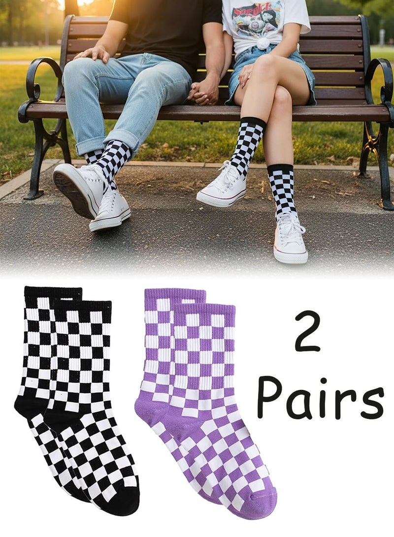 2 Pairs Black Purple Checkerboard Cotton Crew Socks Unisex Hip Hop Skateboard Sports Socks for Men Women Harajuku Geometric Printed Casual Socks - Image 1