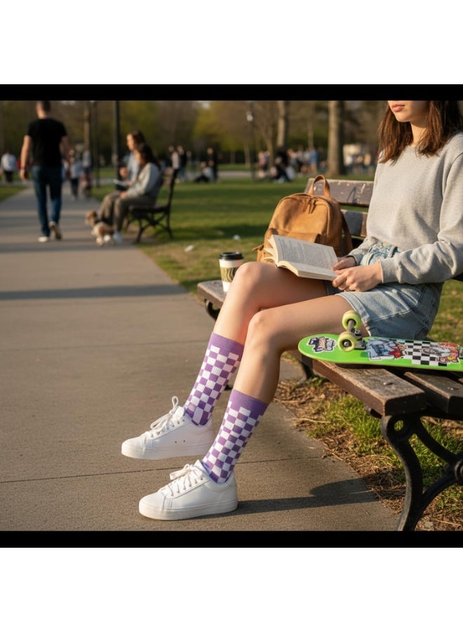2 Pairs Black Purple Checkerboard Cotton Crew Socks Unisex Hip Hop Skateboard Sports Socks for Men Women Harajuku Geometric Printed Casual Socks - Image 2