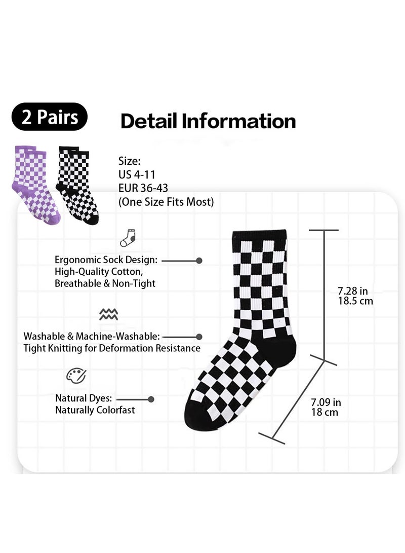 2 Pairs Black Purple Checkerboard Cotton Crew Socks Unisex Hip Hop Skateboard Sports Socks for Men Women Harajuku Geometric Printed Casual Socks - Image 4