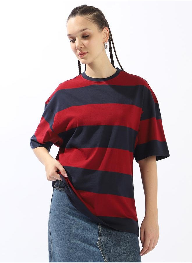 HIGH STAR Women's Multicolour 100% Cotton Striped Oversized T-Shirt  - Image 1