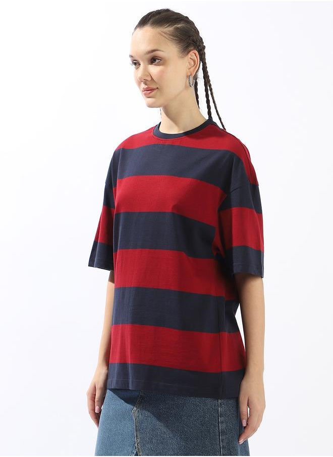 HIGH STAR Women's Multicolour 100% Cotton Striped Oversized T-Shirt  - Image 3