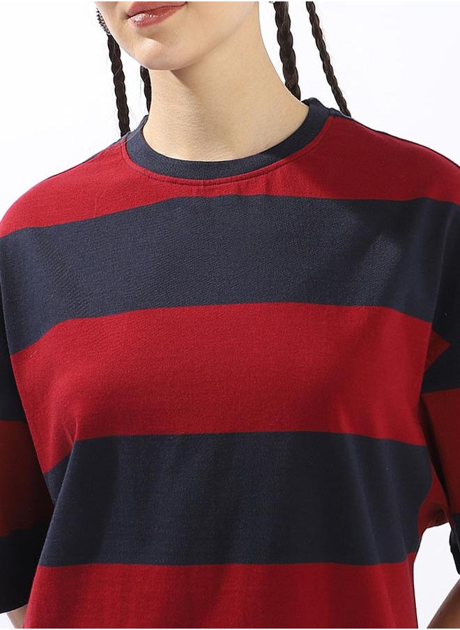 HIGH STAR Women's Multicolour 100% Cotton Striped Oversized T-Shirt  - Image 5