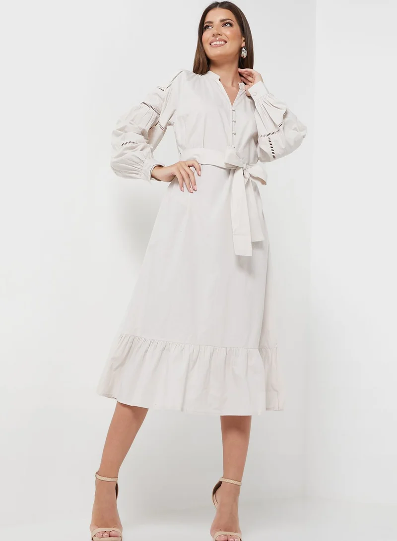 DEBENHAMS Belted Puff Sleeve Button Detail Dress