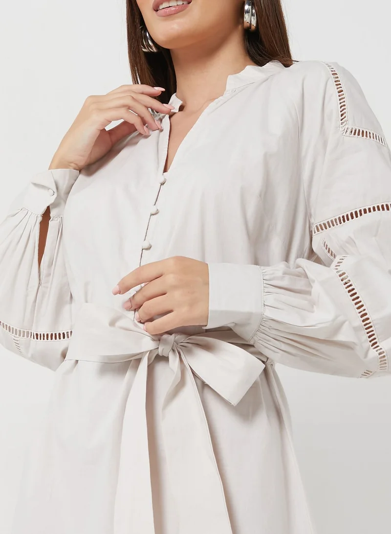 DEBENHAMS Belted Puff Sleeve Button Detail Dress