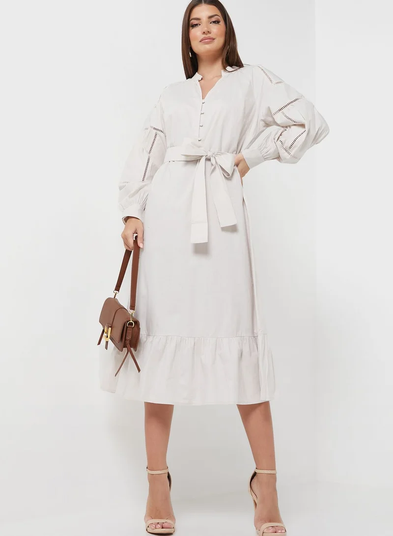 DEBENHAMS Belted Puff Sleeve Button Detail Dress