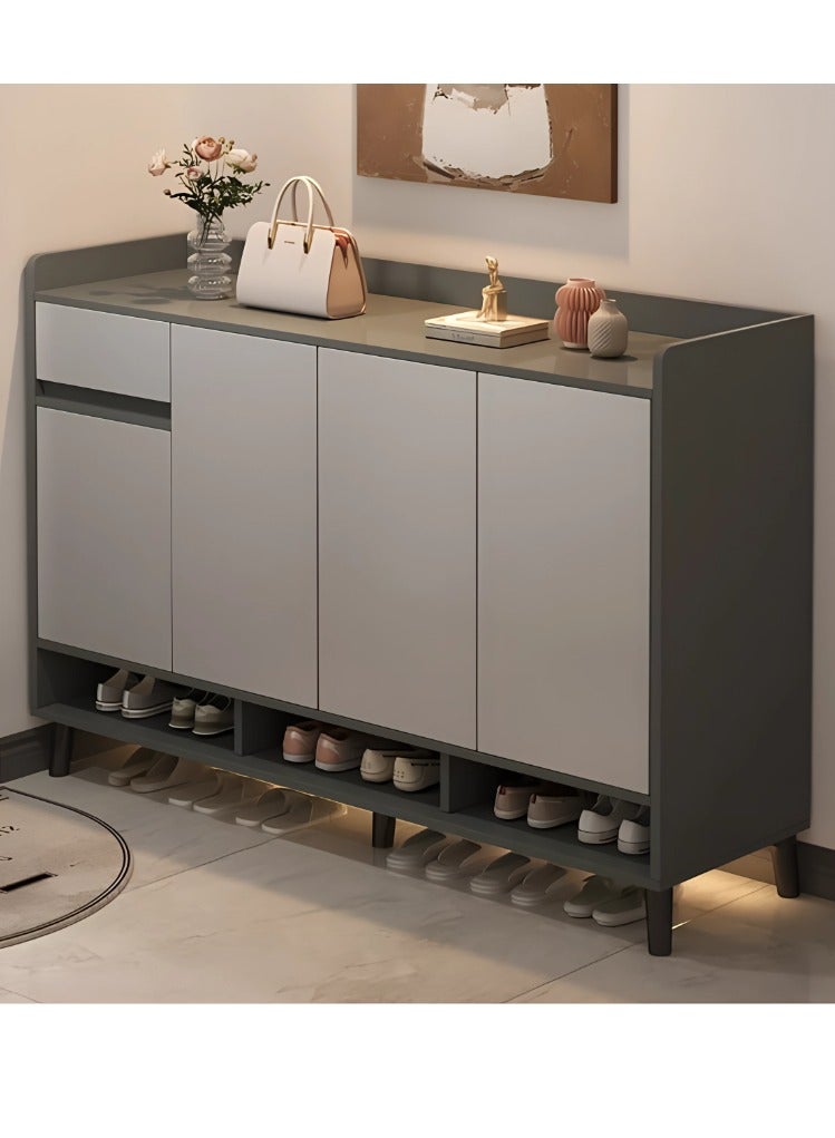 إيونتو خزانة أحذية عصرية بأربعة أبواب تفتح بالضغط، ودرج واحد، وثلاثة أرفف مفتوحة - أرجل معدنية مرتفعة، وسطح عمل بحافة مستديرة للتخزين في المدخل والممر وغرفة المعيشة - Image 1